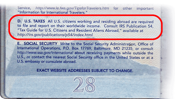 Image showing text in US Passport about Tax filing obligations. 